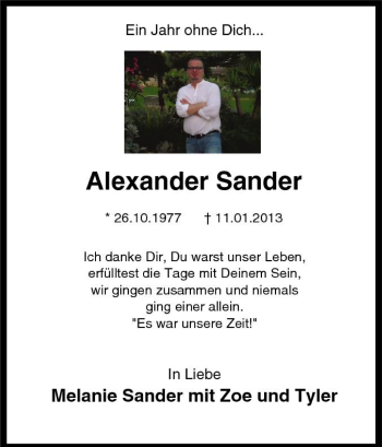 Traueranzeigen Von Alexander Sander Trauer In Nrw De